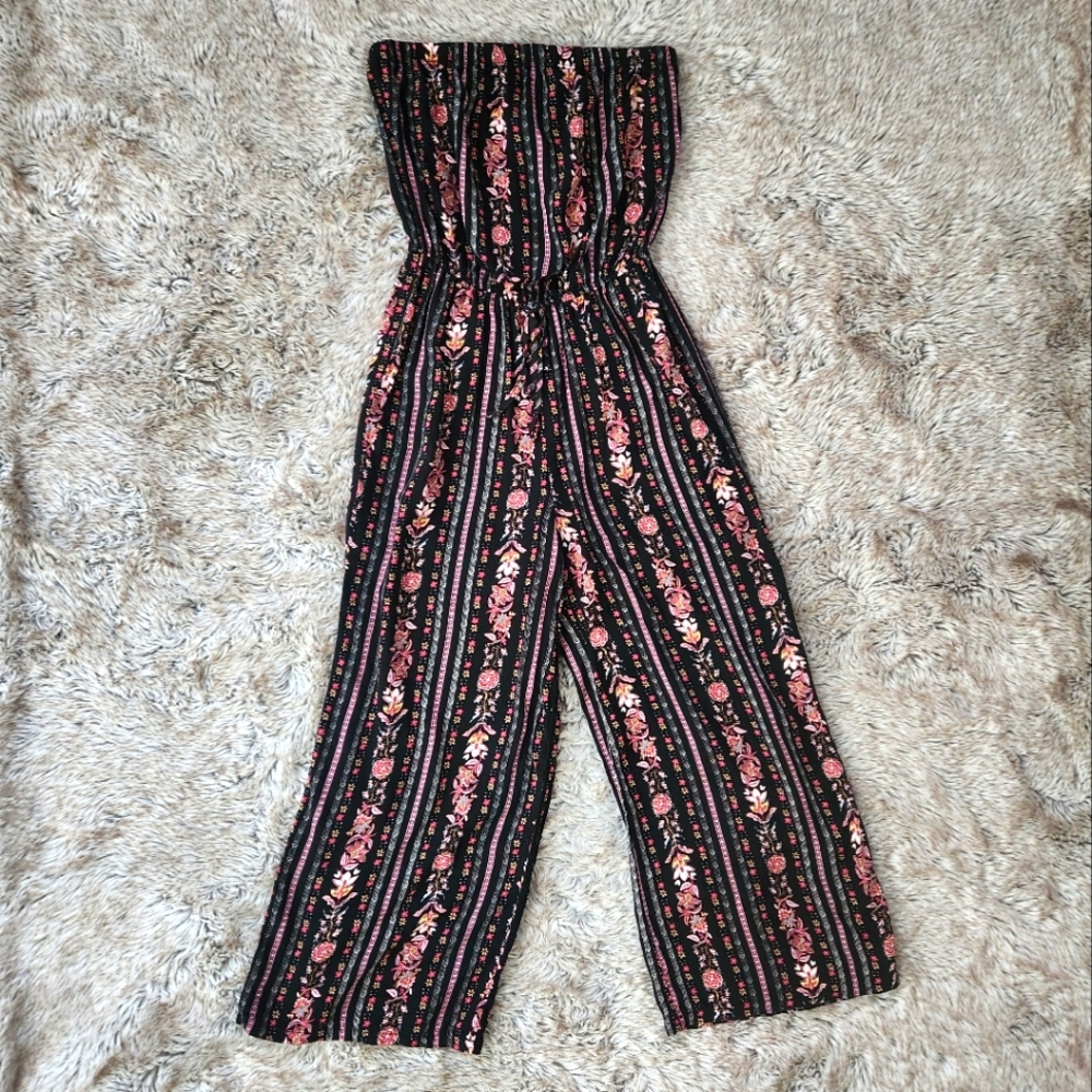 Polly & Esther Strapless Wide Leg Black Jumpsuit Striped Floral